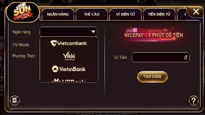 Các hình thức nạp tiền phổ biến tại cổng game Sunwin